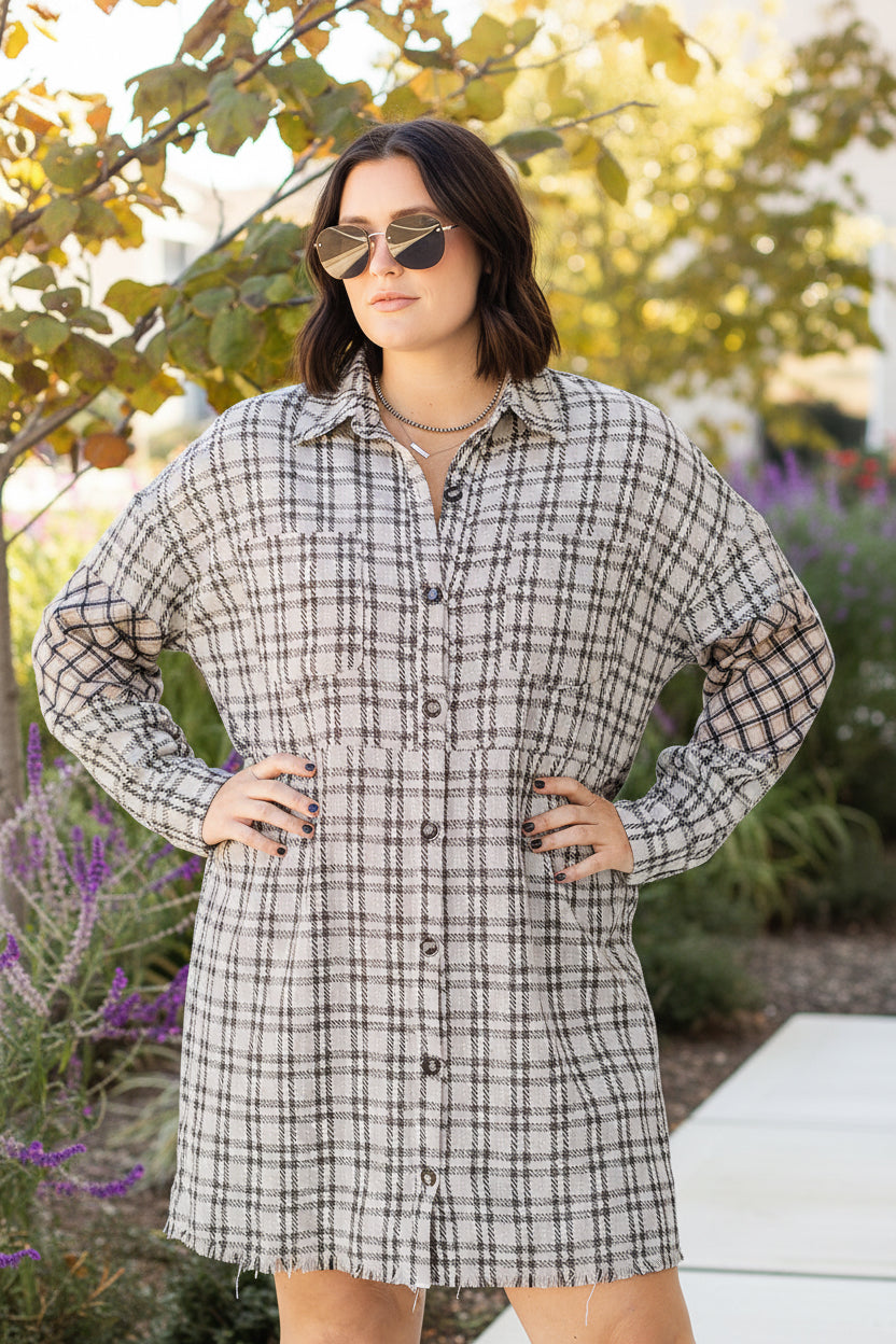 White Stripe Plus Size Plaid Buttoned Raw Hem Tunic Shirt Dress