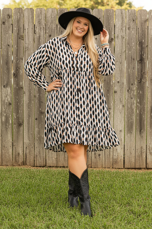 Apricot Geometric Print Collared V Neck Plus Size Mini Dress