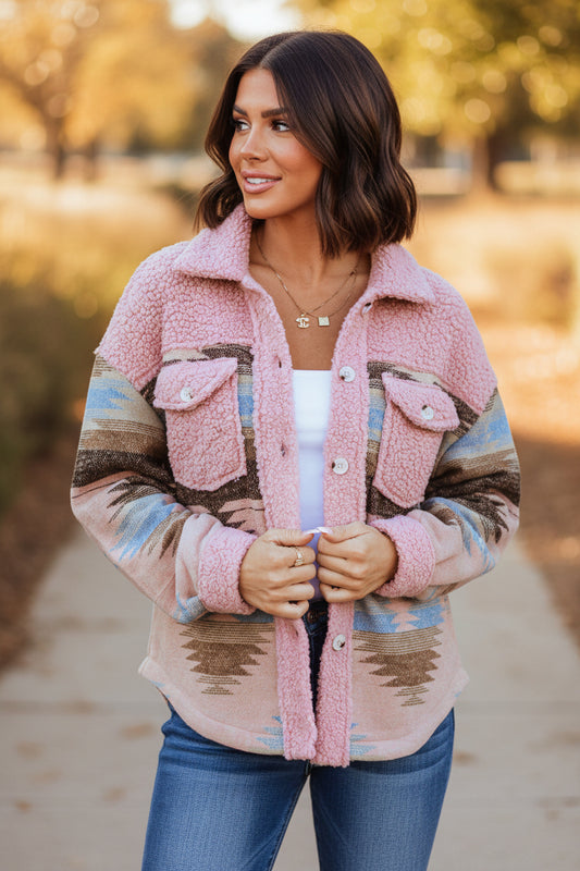 Pink Western Aztec Print Sherpa Splicing Buttoned Flap Pocket Coat