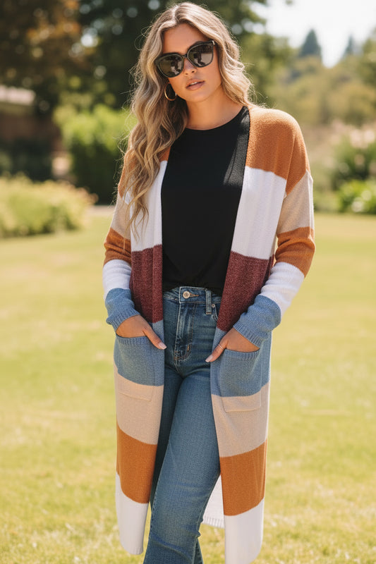 Multicolor Colorblock Open Front Long Knit Cardigan