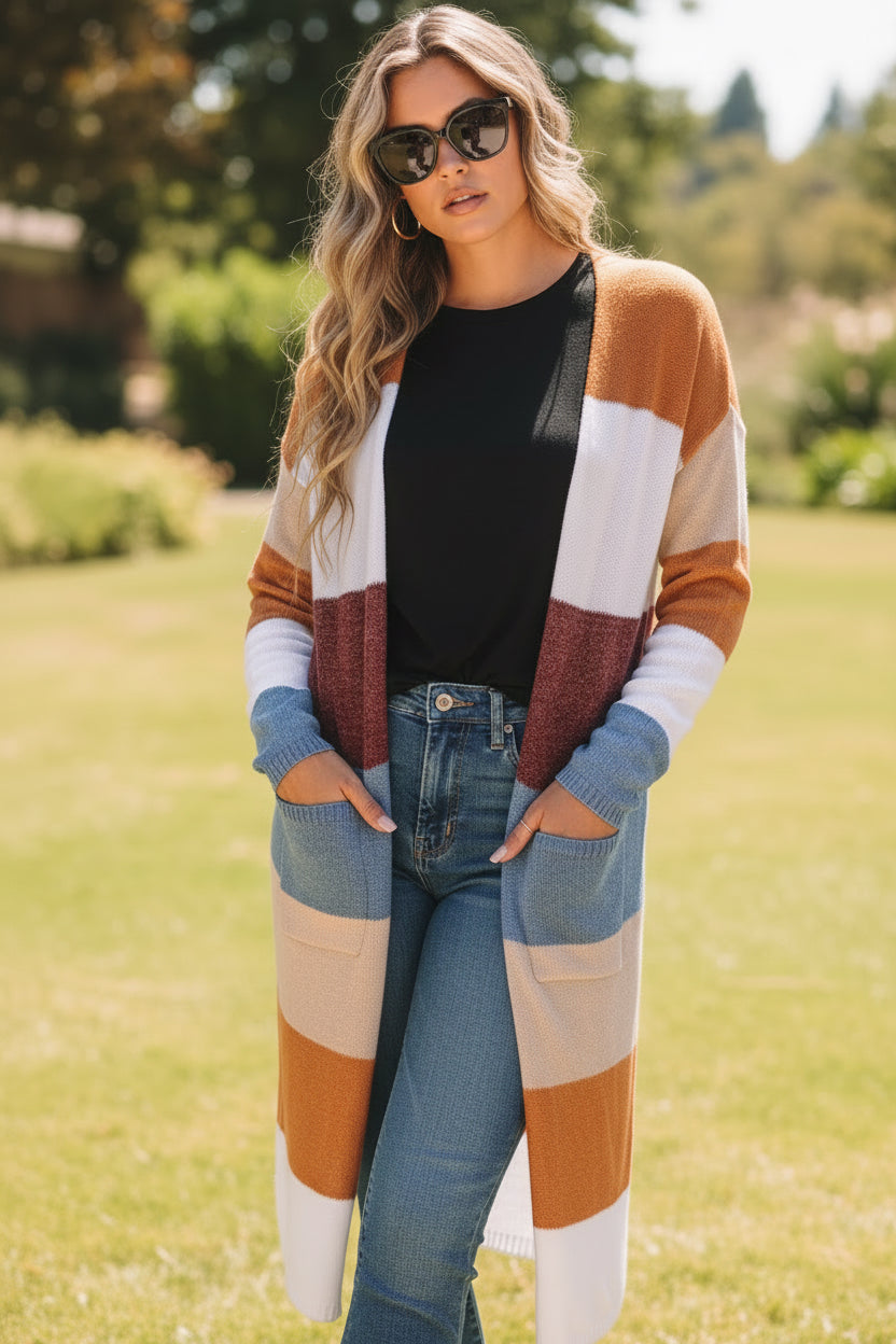 Multicolor Colorblock Open Front Long Knit Cardigan
