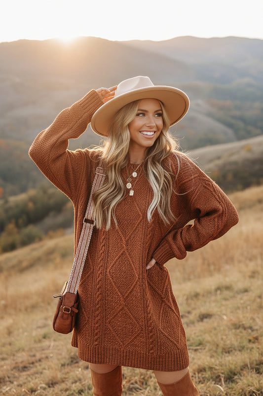 Parchment Cable Knit Drop Shoulder Loose Fit Sweater Dress