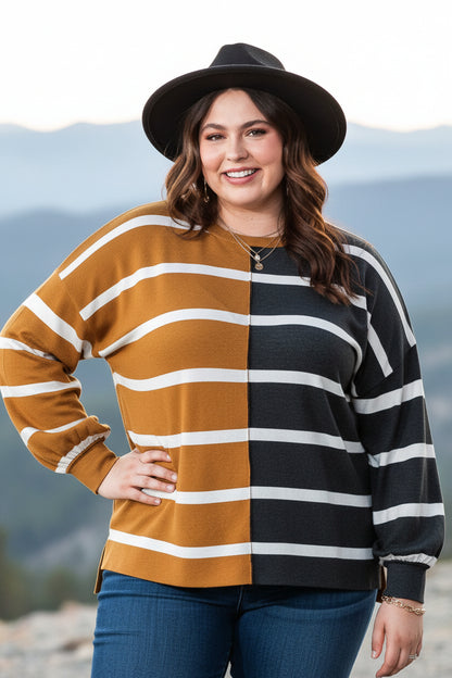 Plus Size Colorblock Striped Patchwork Loose Top