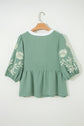 Floral Embroidered Colorblock Puff Sleeve Babydoll Blouse