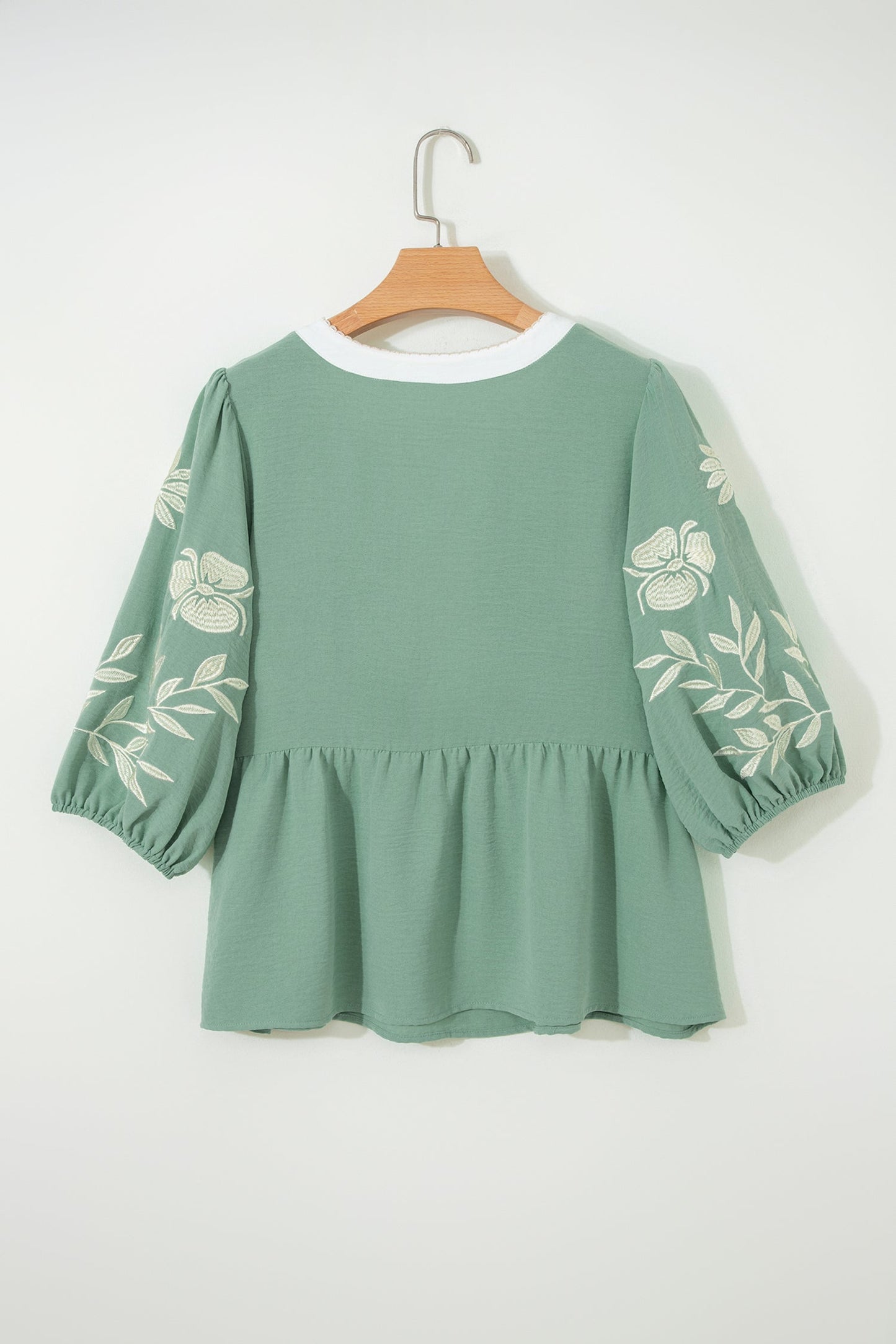 Floral Embroidered Colorblock Puff Sleeve Babydoll Blouse