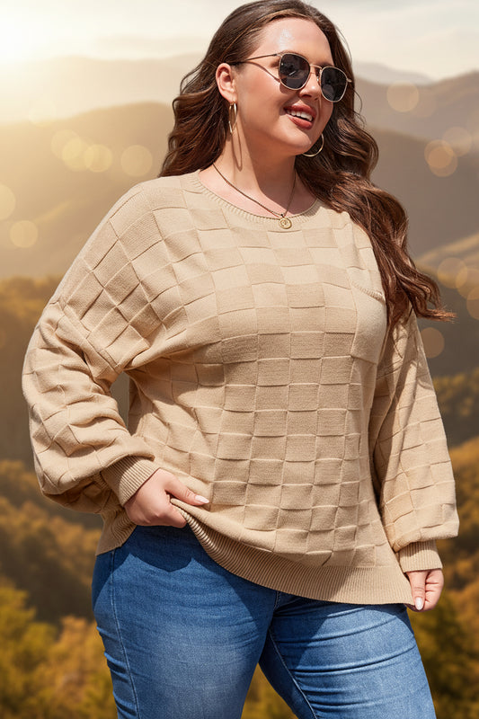 Light French Beige Solid Checkered Textured Knit Plus Size Sweater