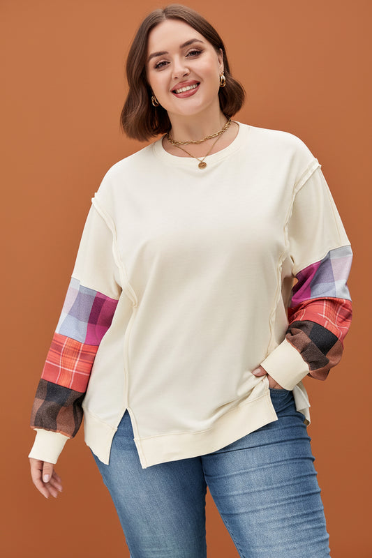 Plus Size Plaid Patchwork Long Sleeve Exposed Seam Top