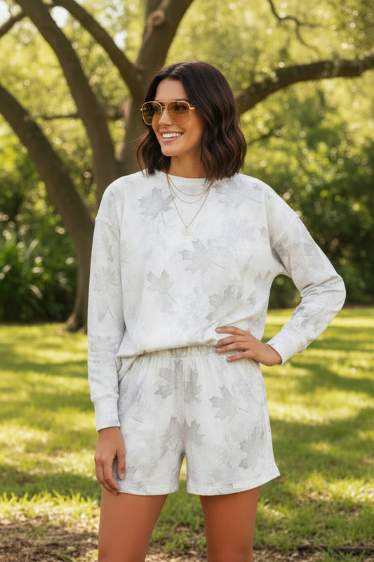 Beige Maple Camo Print Pullover Top and Elastic Waist Casual Short Set