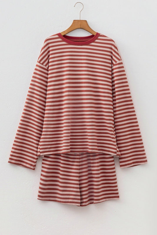 Stripe Contrast Long Sleeve Top & Elastic Waistband Short Set