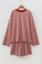 Stripe Contrast Long Sleeve Top & Elastic Waistband Short Set