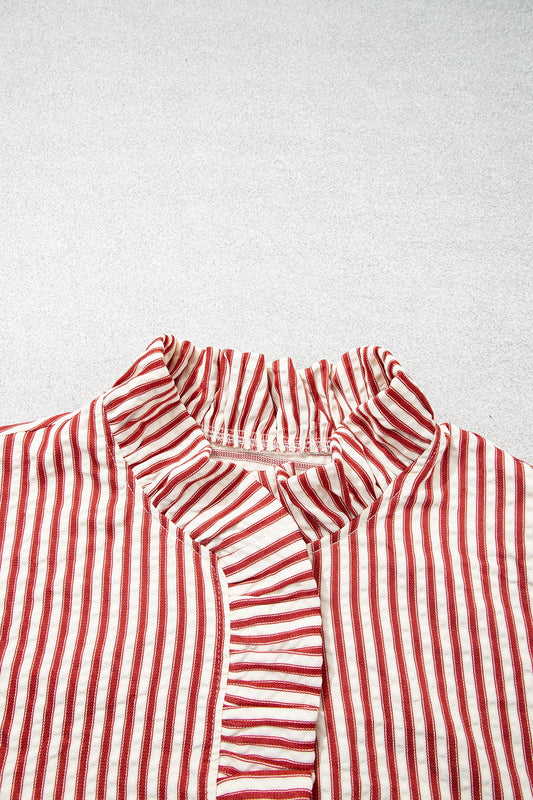 Stripe Textured Ruffle Trim Button-Up Long Sleeve Shirt