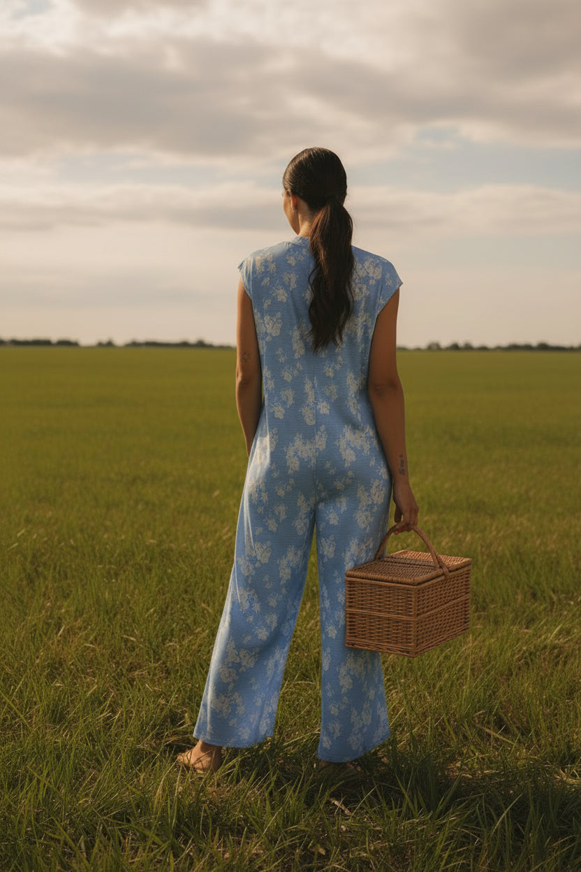 Woman wearing a blue floral jumpsuit standing outdoors with picnic basket