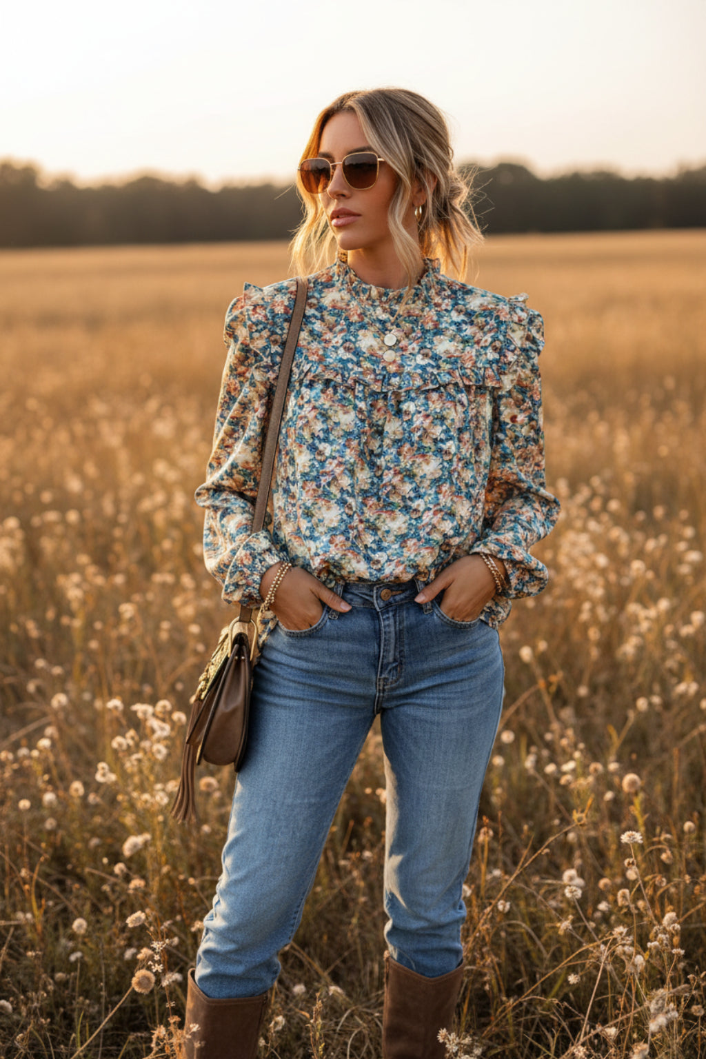 Woman wearing a floral blouse and jeans with a brown bag, against a neutral background