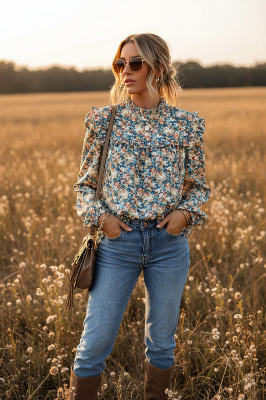 Woman wearing a floral blouse and jeans with a brown bag, against a neutral background